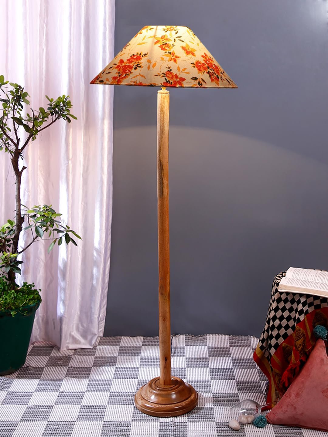 Multicolor Coolie Cotton Shade Wood Floor lamp for Decoration/Office/Home/Gifting/Study .(13x13x55.7 inches)-E