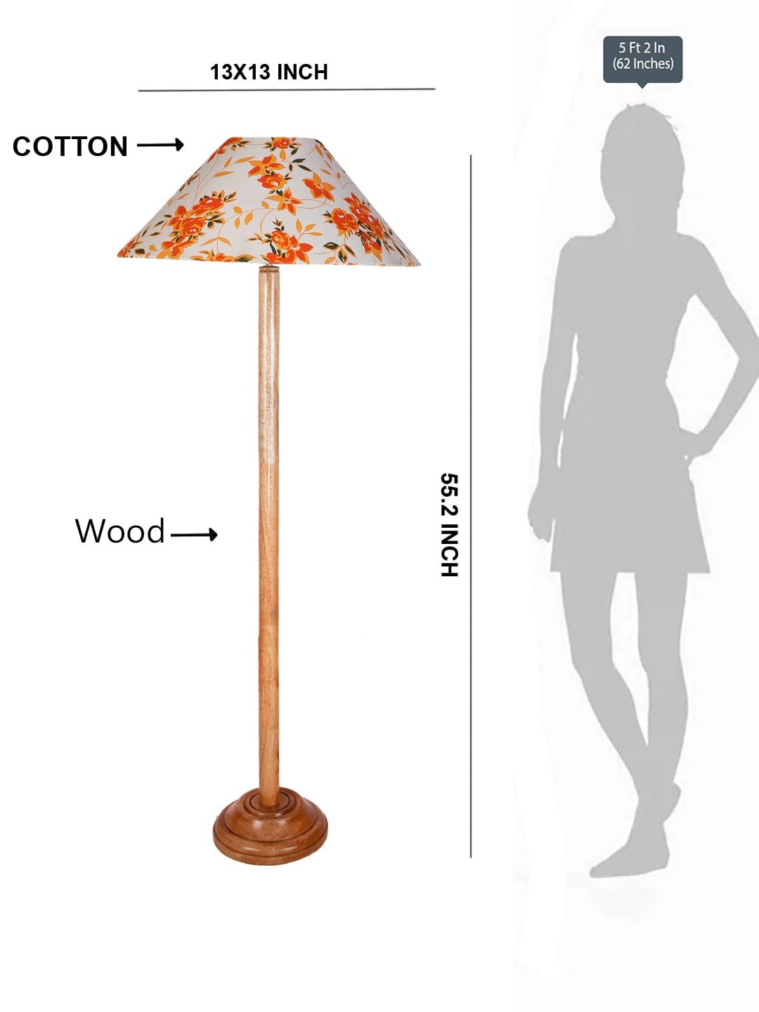 Multicolor Coolie Cotton Shade Wood Floor lamp for Decoration/Office/Home/Gifting/Study .(13x13x55.7 inches)-E