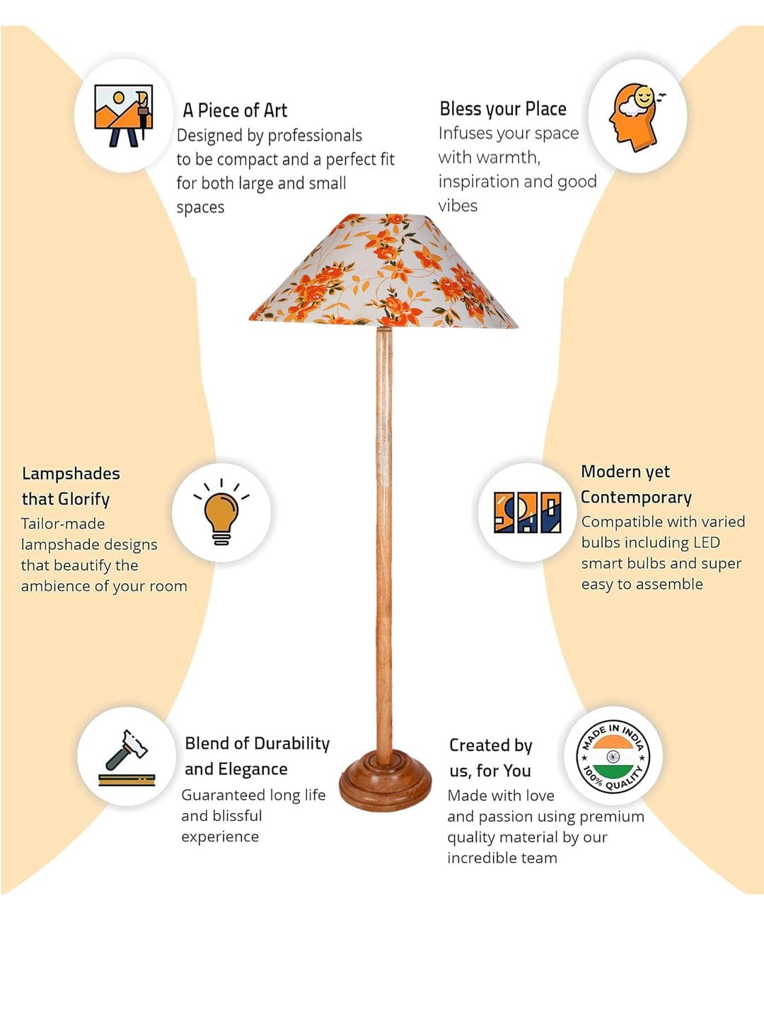 Multicolor Coolie Cotton Shade Wood Floor lamp for Decoration/Office/Home/Gifting/Study .(13x13x55.7 inches)-E