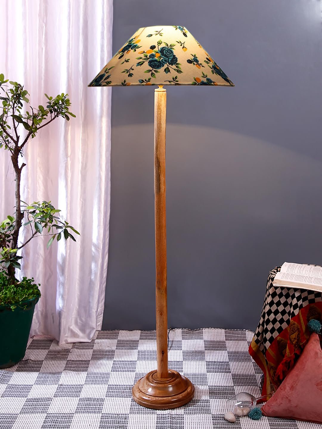 Multicolor Coolie Cotton Shade Wood Floor lamp for Decoration/Office/Home/Gifting/Study .(13x13x55.7 inches)-F