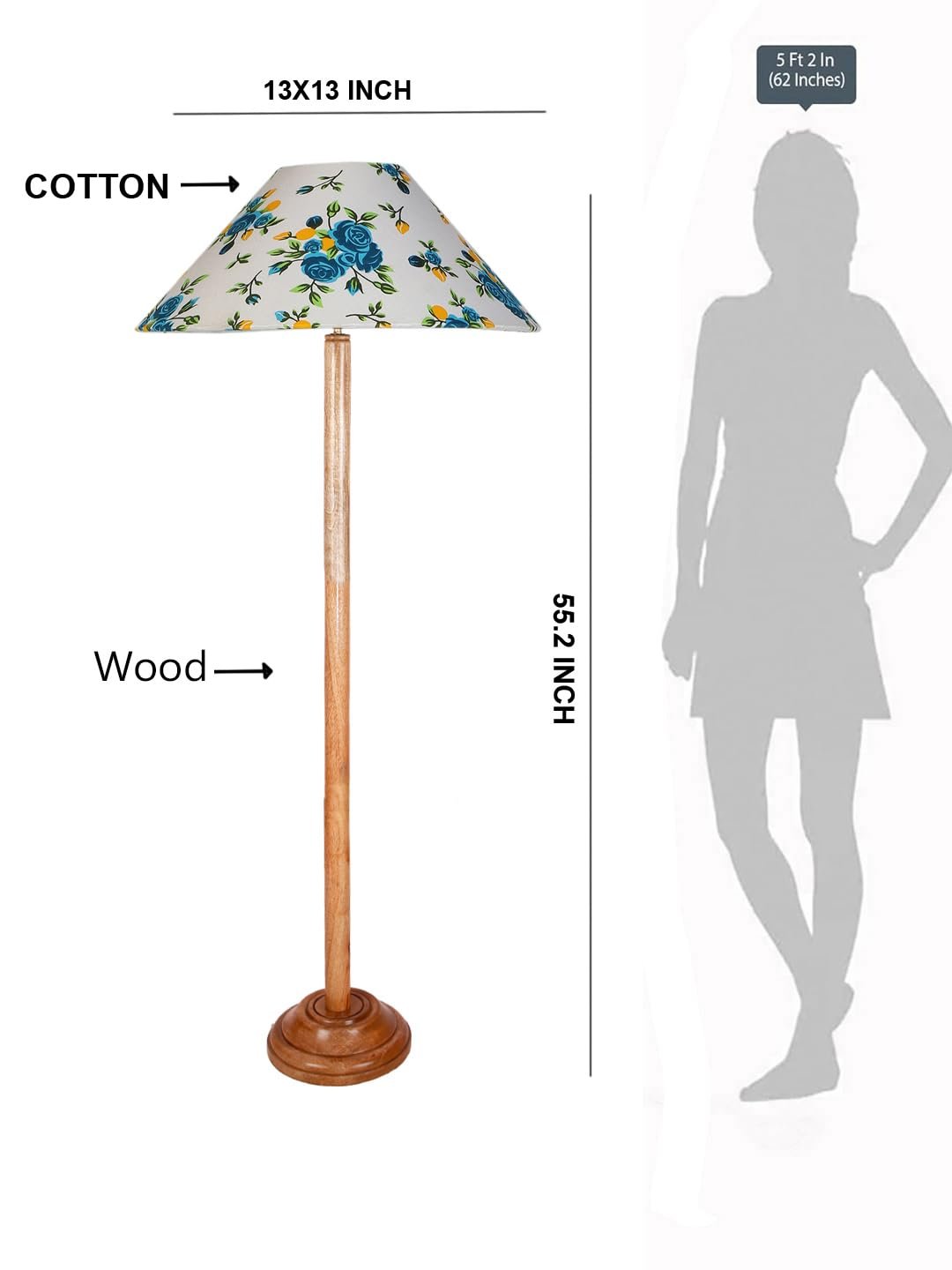 Multicolor Coolie Cotton Shade Wood Floor lamp for Decoration/Office/Home/Gifting/Study .(13x13x55.7 inches)-F