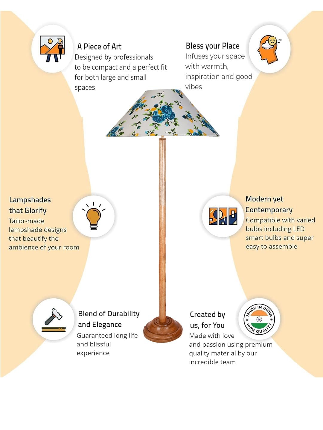 Multicolor Coolie Cotton Shade Wood Floor lamp for Decoration/Office/Home/Gifting/Study .(13x13x55.7 inches)-F