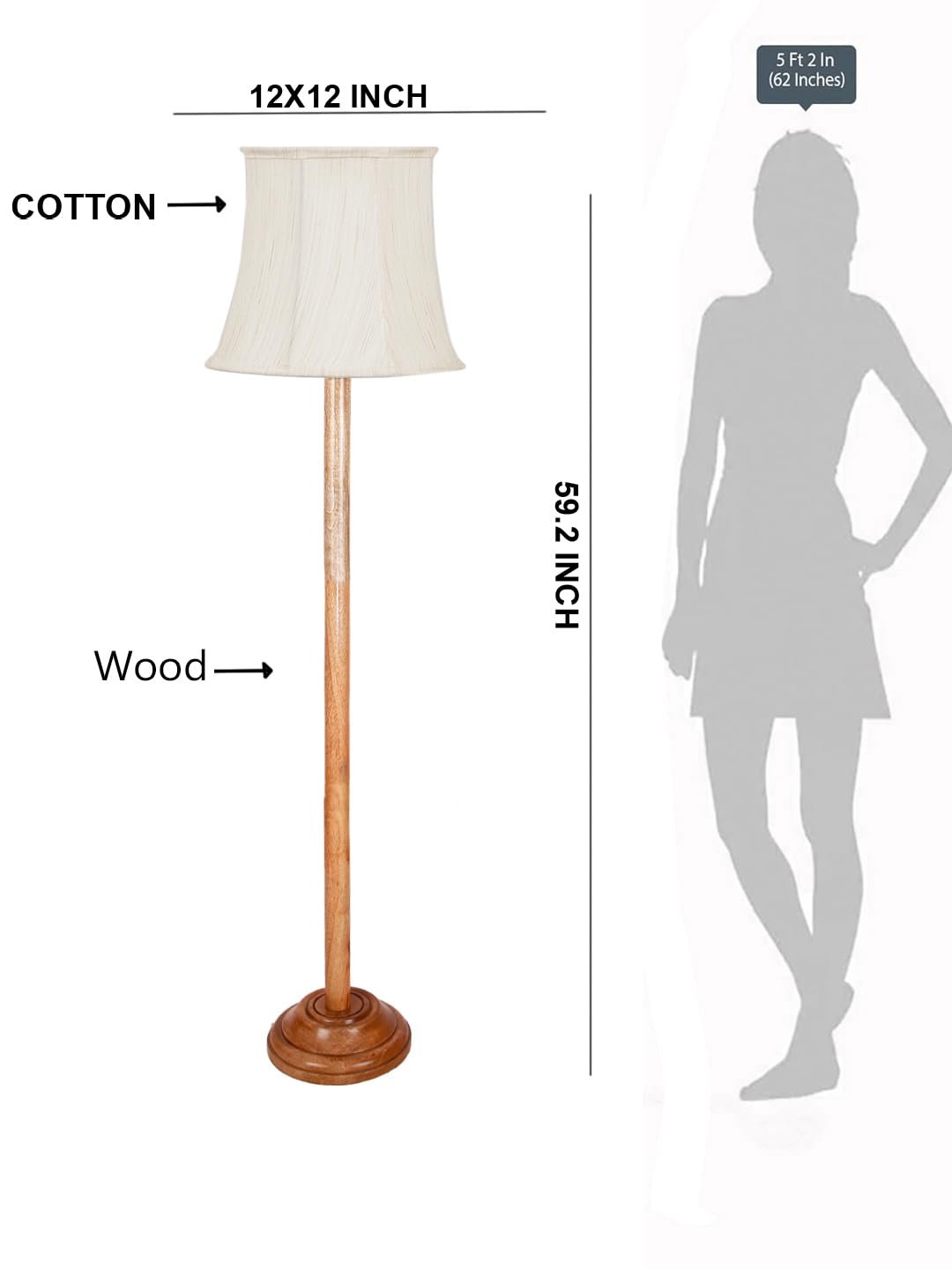 Off White Khadi Cotton Cylindrical Shade Wood Floor lamp for Decoration/Office/Home/Gifting/Study-(12x12x59.2 inches)