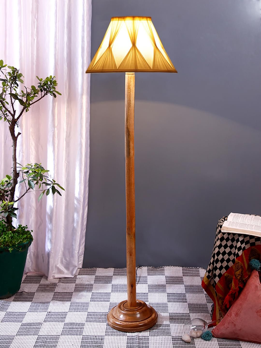 Off White Cotton Curtain Pleated Cotton Shade Wood Floor lamp for Decoration/Office/Home/Gifting/Study-(12x12x56.7 inches)