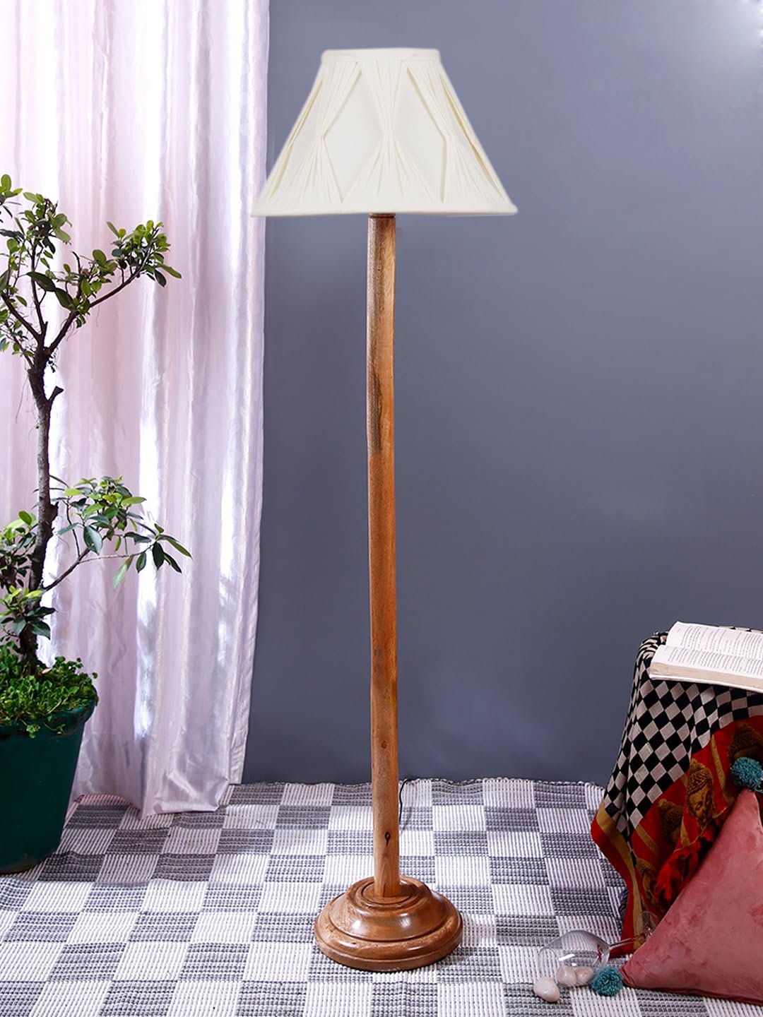 Off White Cotton Curtain Pleated Cotton Shade Wood Floor lamp for Decoration/Office/Home/Gifting/Study-(12x12x56.7 inches)