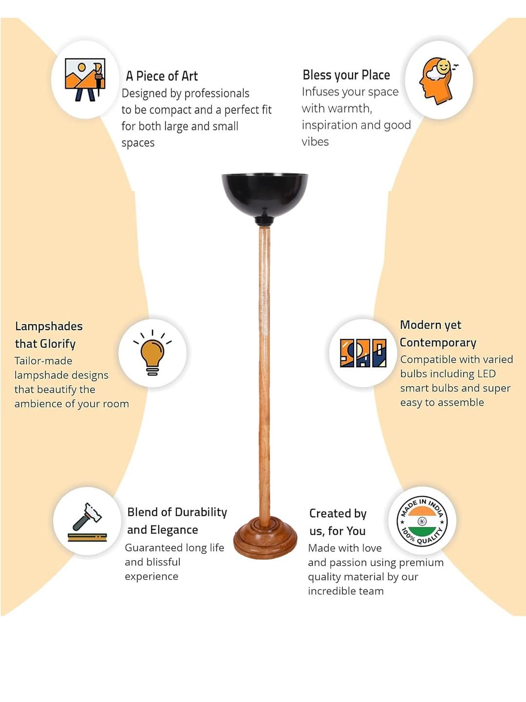 Metal Shade Floor Lamps with Natural Wood Wase for Decoration/Office/Home/Gifting/Study -(10x10x55) Inches