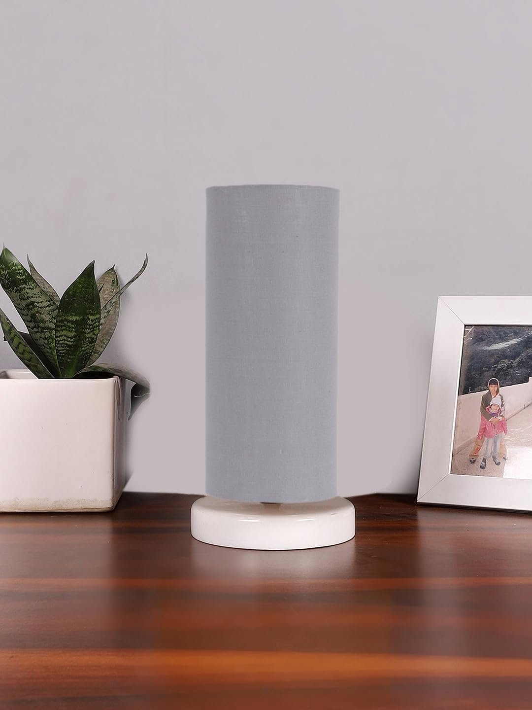 Grey Cotton Table lamp with White Wood Base -9