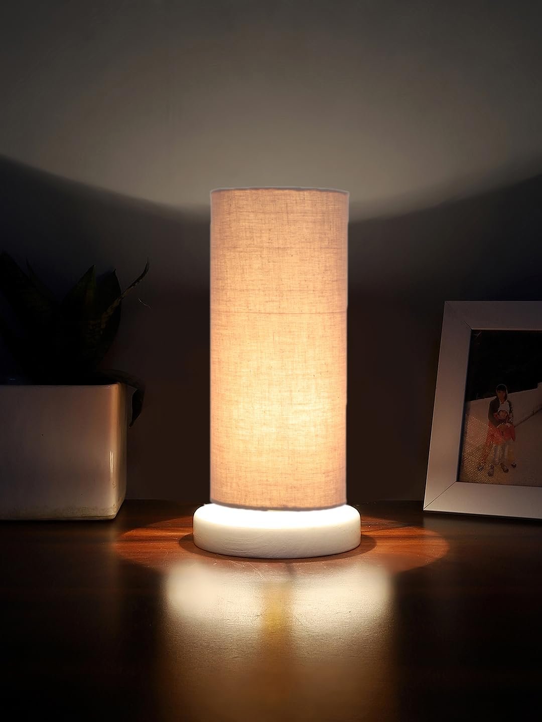 Grey Cotton Table lamp with White Wood Base -9