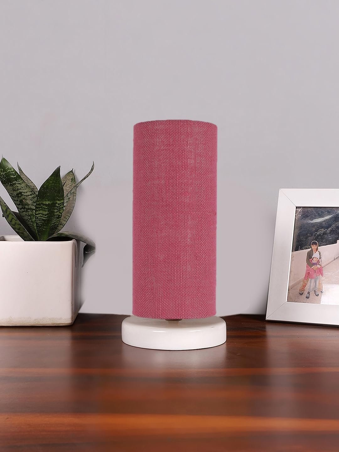 Pink Jute Table lamp with White Wood Base -13