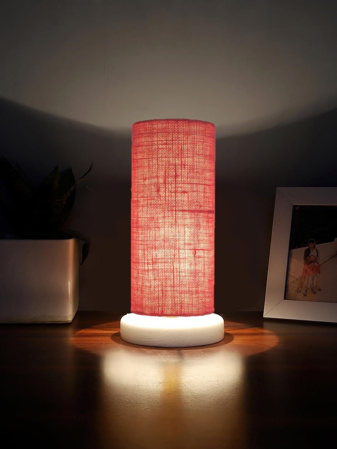 Pink Jute Table lamp with White Wood Base -13