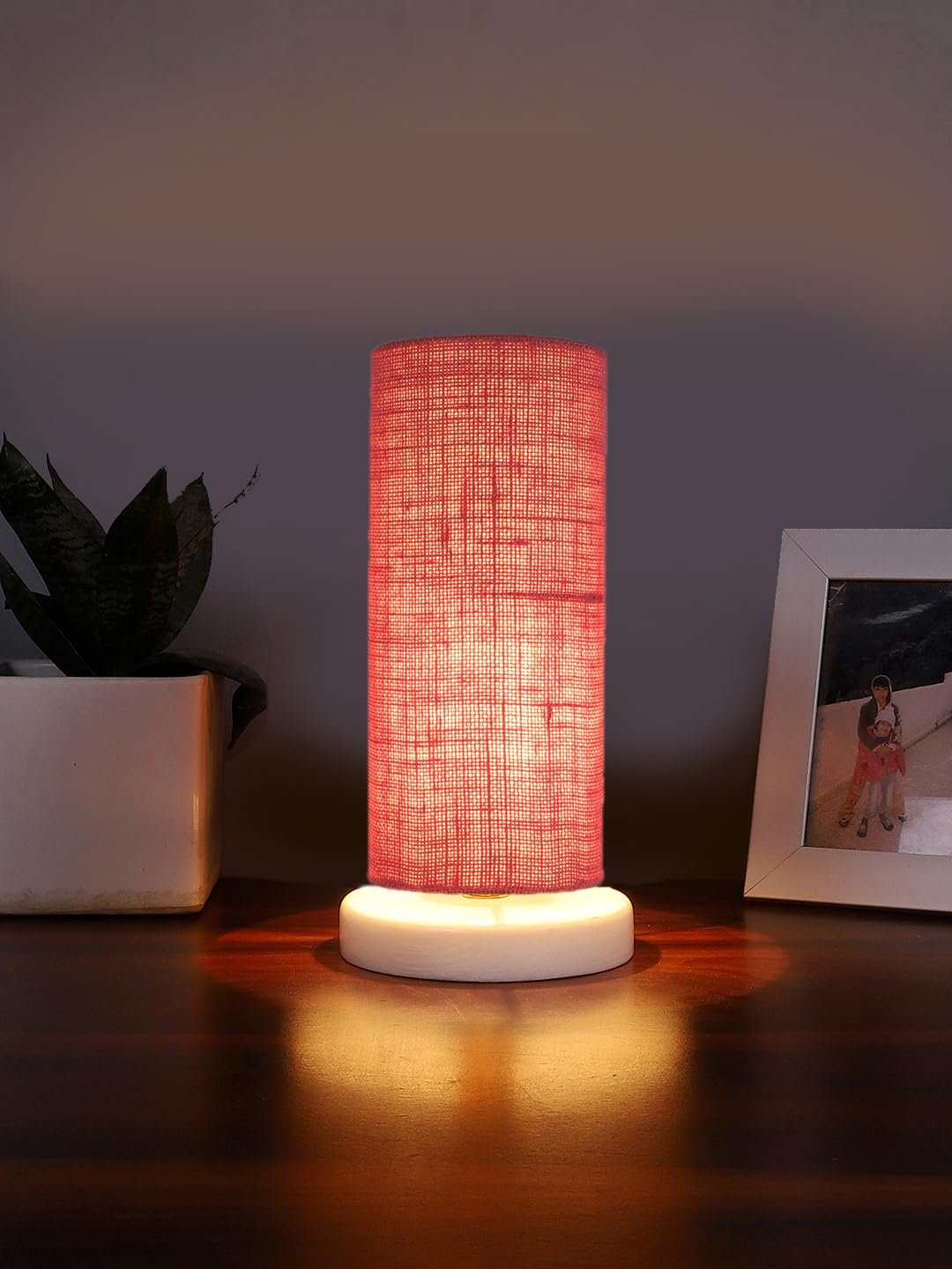 Pink Jute Table lamp with White Wood Base -13