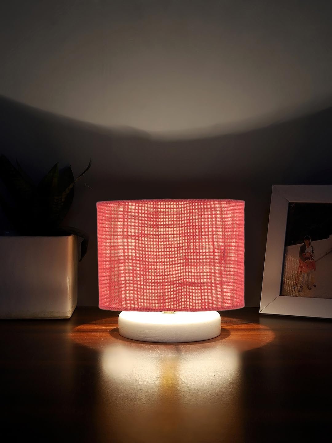Pink Jute Table lamp with White Wood Base -28