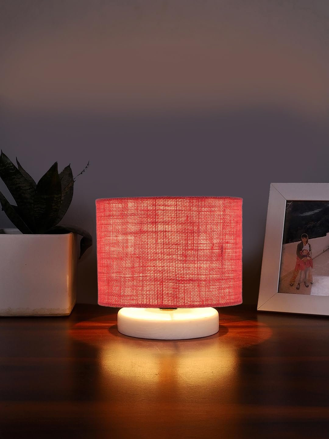 Pink Jute Table lamp with White Wood Base -28