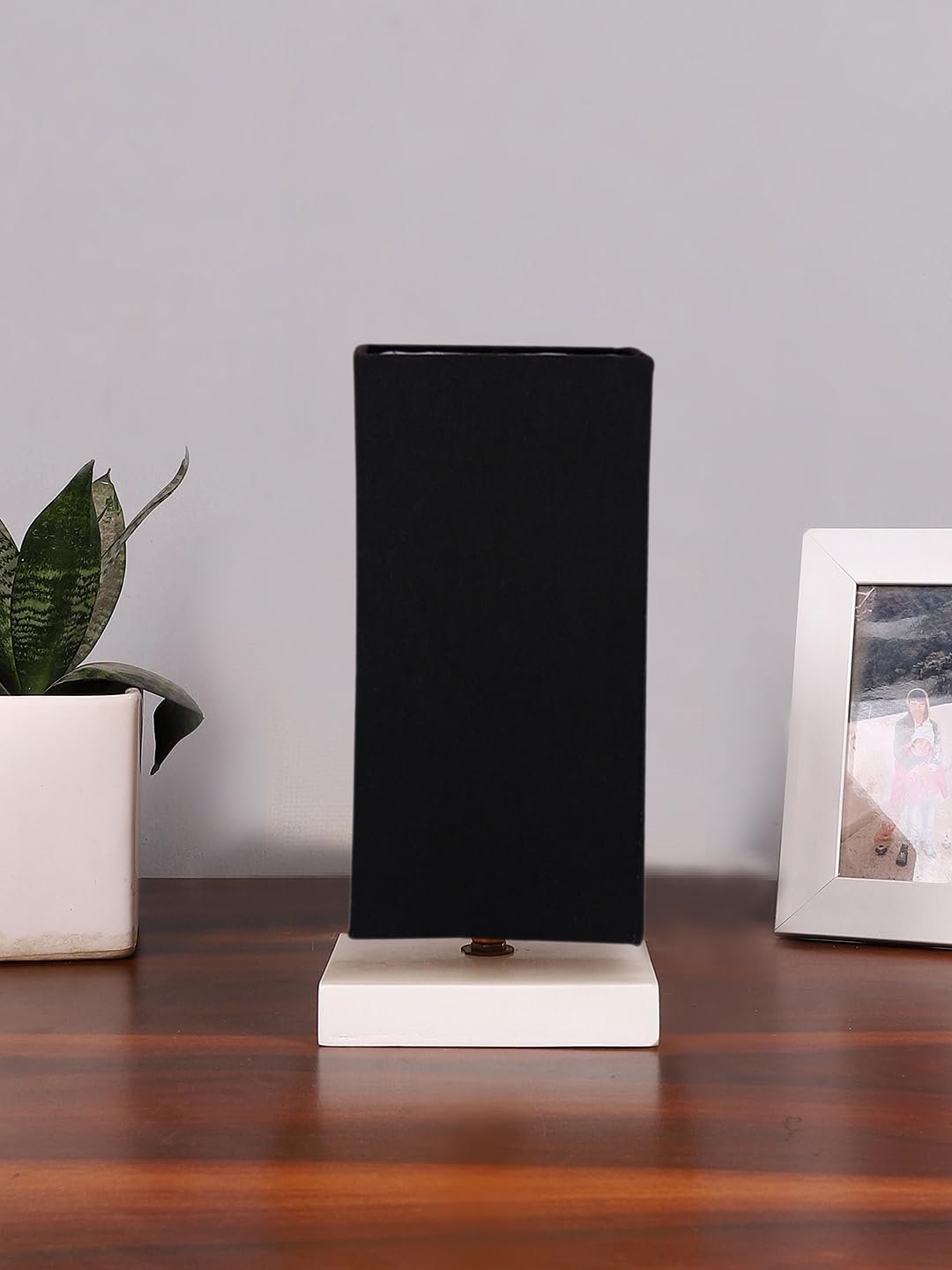 Square Black Cotton Table lamp with White Wood Base -43