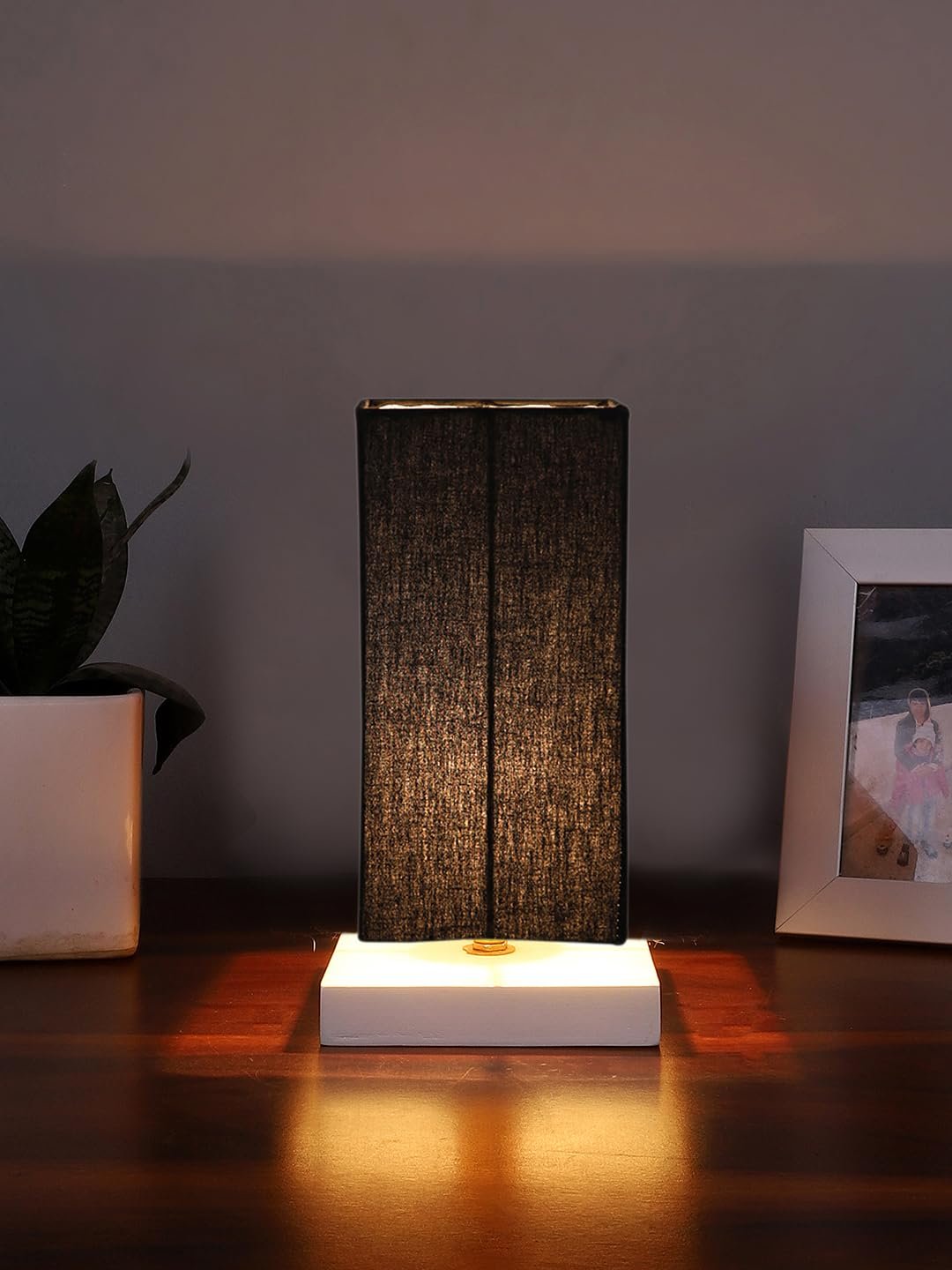 Square Black Cotton Table lamp with White Wood Base -43