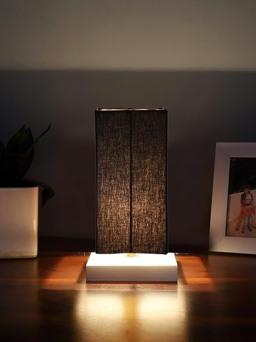 Square Black Cotton Table lamp with White Wood Base -43