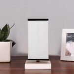 Square White & Black Cotton Table lamp with White Wood Base -48