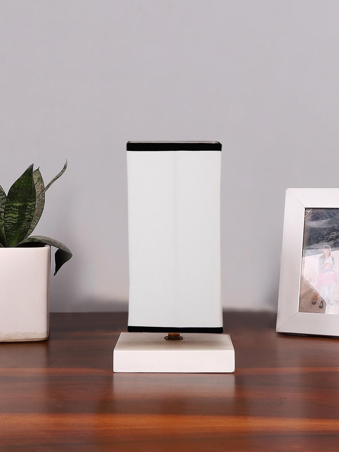 Square White & Black Cotton Table lamp with White Wood Base -48