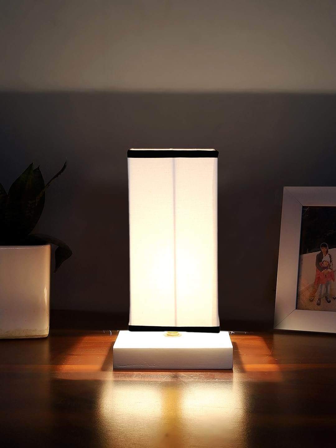 Square White & Black Cotton Table lamp with White Wood Base -48