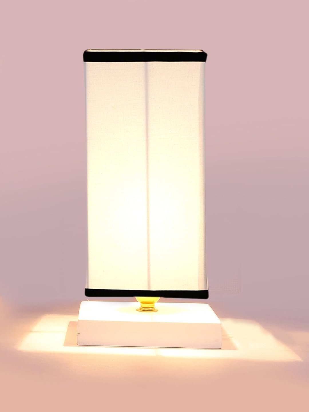 Square White & Black Cotton Table lamp with White Wood Base -48