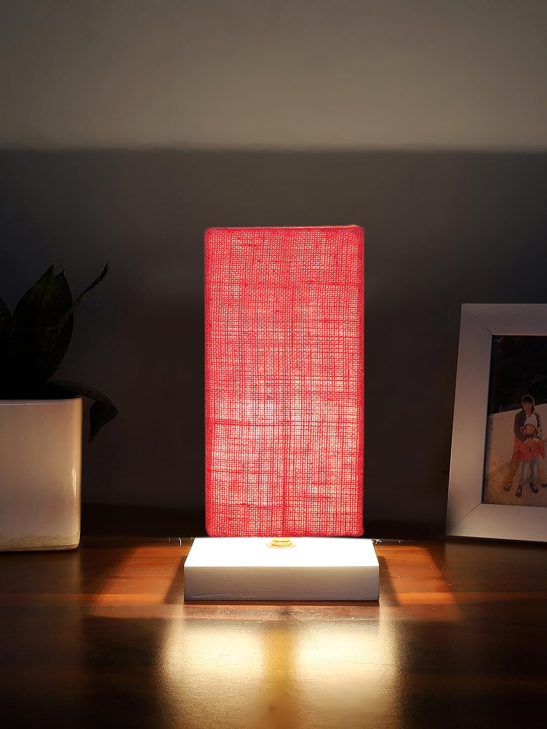 Square Pink Jute Table lamp with White Wood Base -50