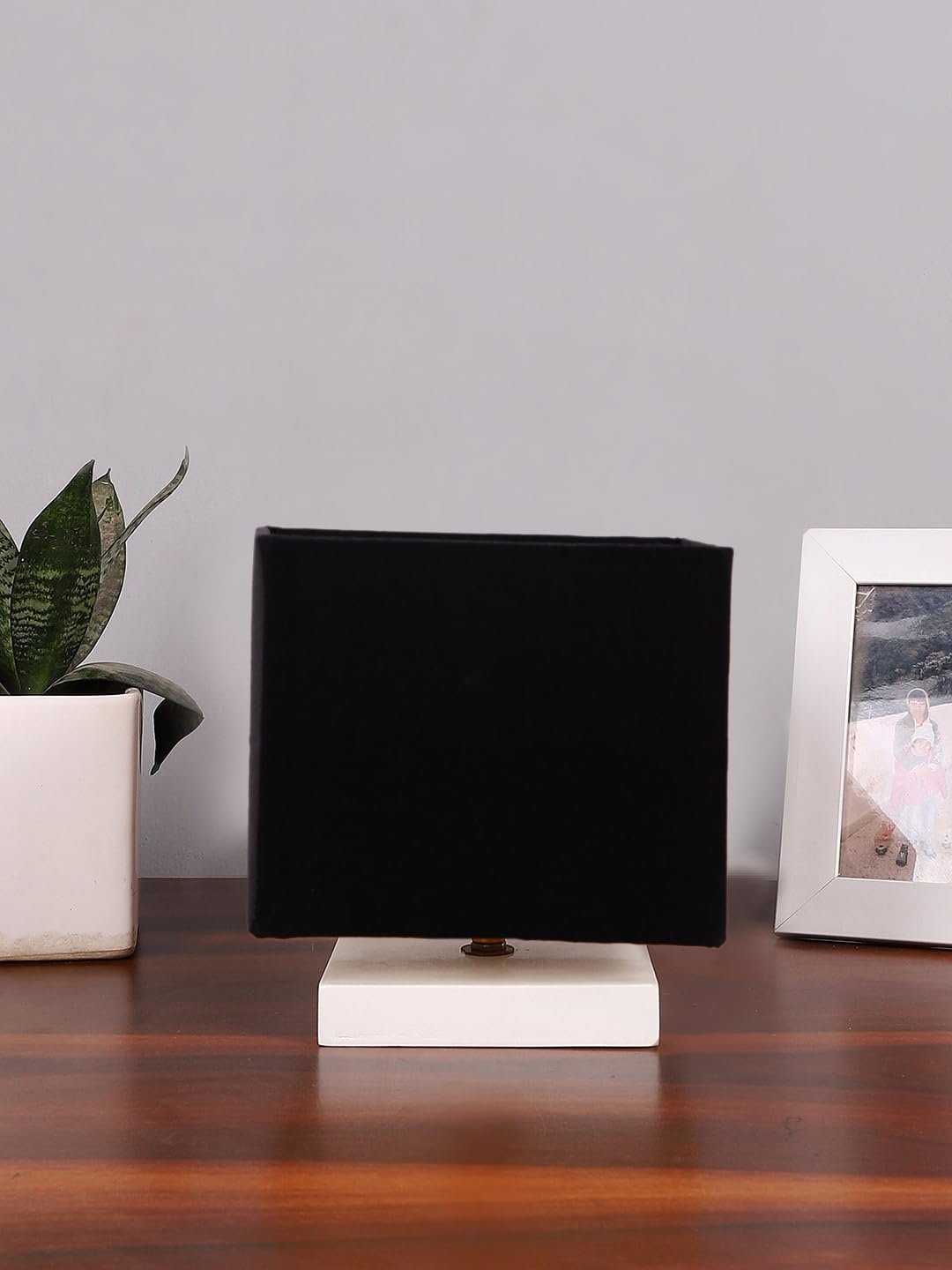 Square Black Cotton Table lamp with White Wood Base -58