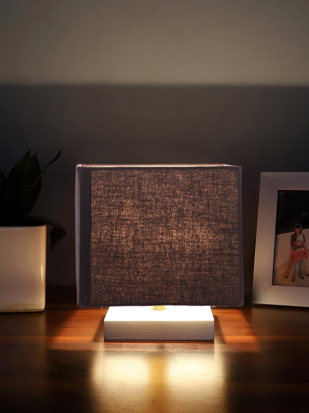 Square Black Cotton Table lamp with White Wood Base -58