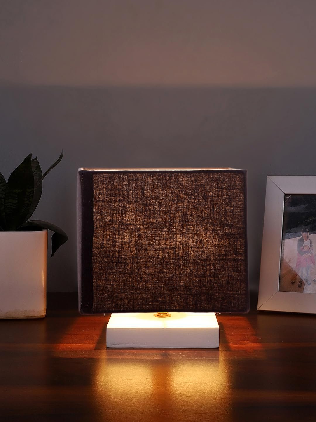Square Black Cotton Table lamp with White Wood Base -58