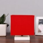 Square Red Cotton Table lamp with White Wood Base -59