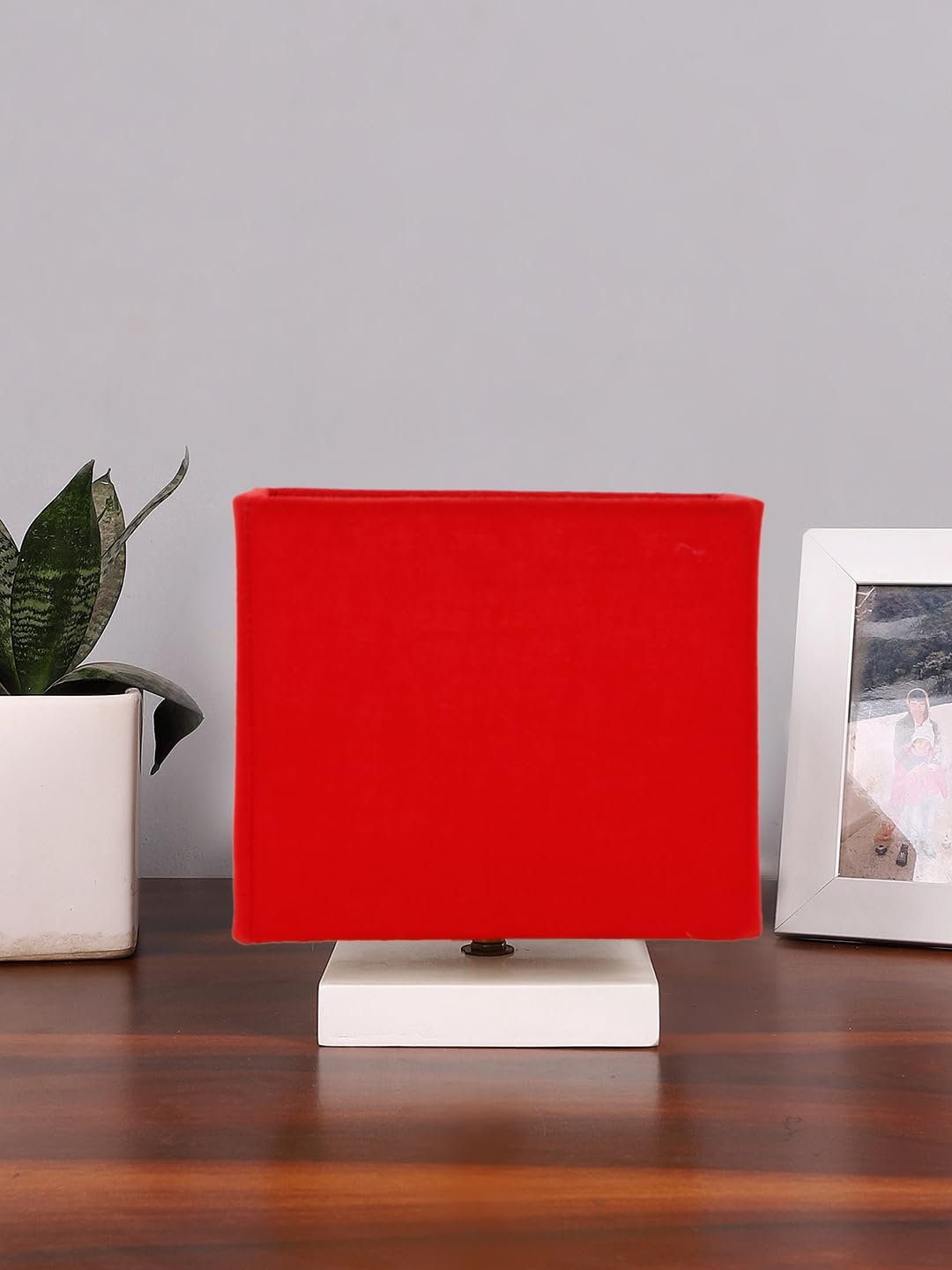 Square Red Cotton Table lamp with White Wood Base -59