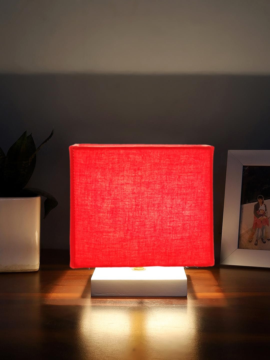 Square Red Cotton Table lamp with White Wood Base -59