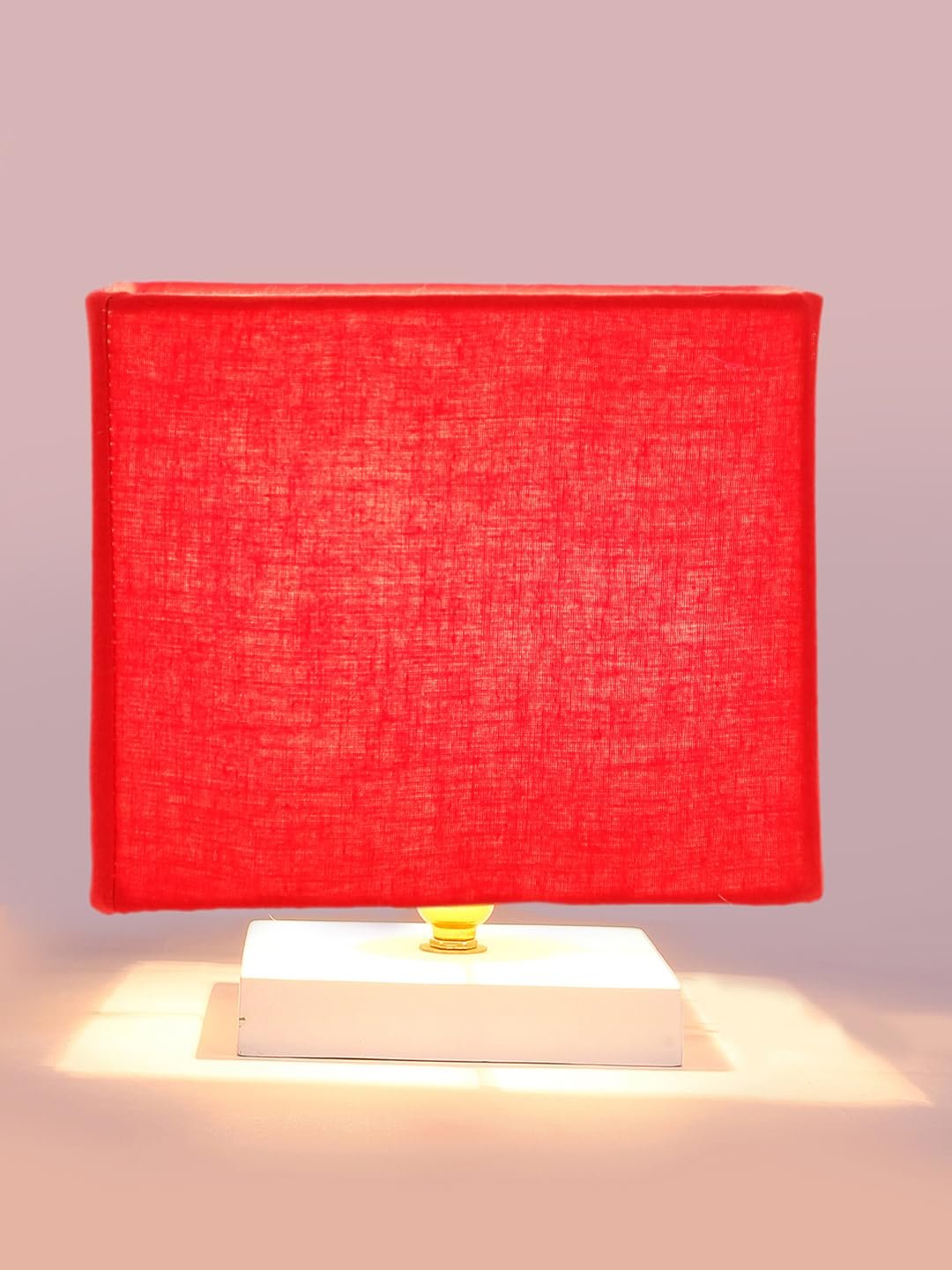 Square Red Cotton Table lamp with White Wood Base -59