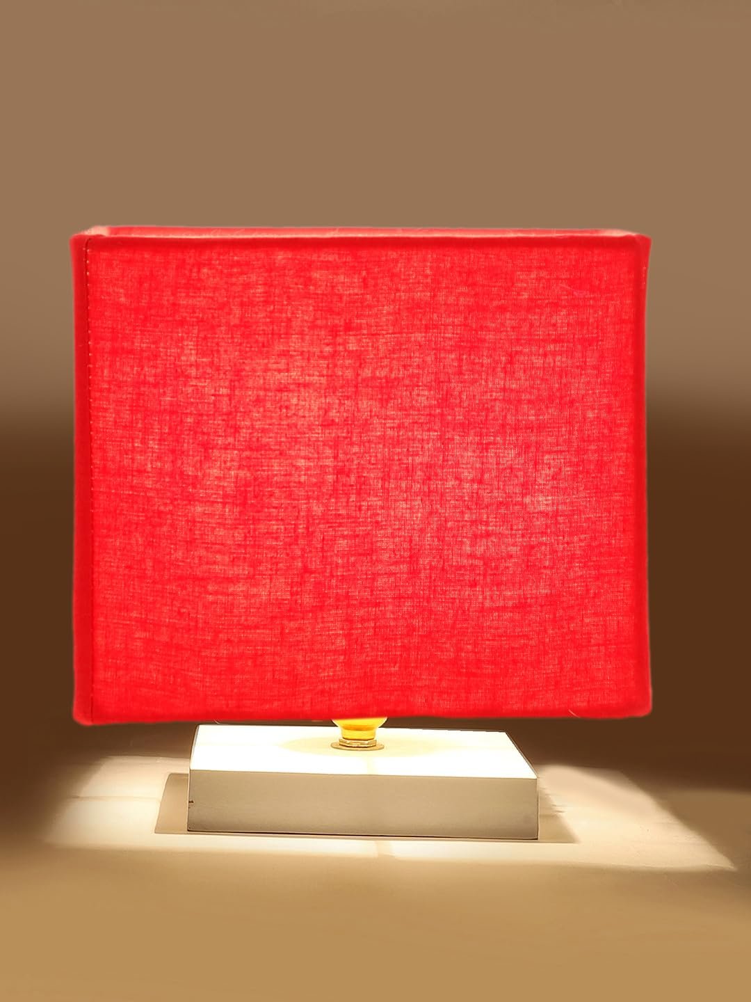 Square Red Cotton Table lamp with White Wood Base -59