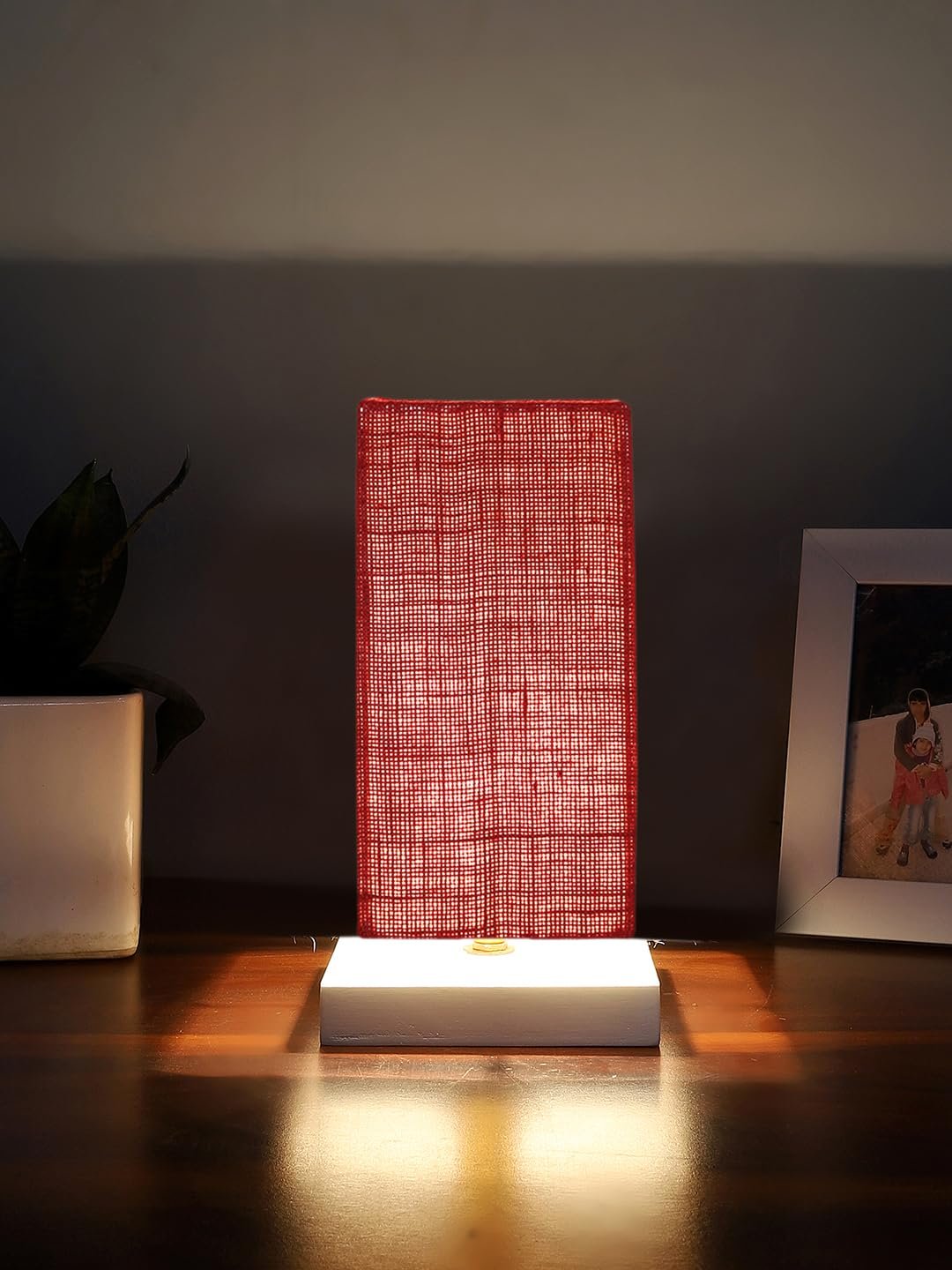 Square Maroon Jute Table lamp with White Wood Base -51