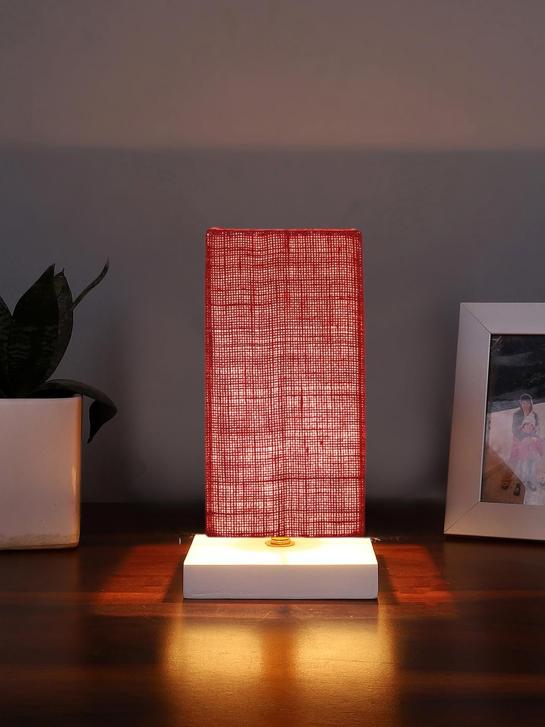 Square Maroon Jute Table lamp with White Wood Base -51