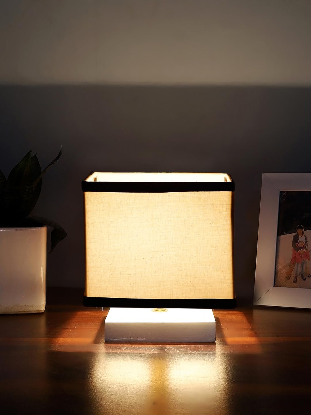 Square White & Black Cotton Table lamp with White Wood Base -63