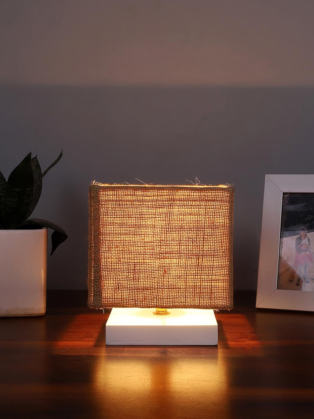 Square Beige Jute Table lamp with White Wood Base -64