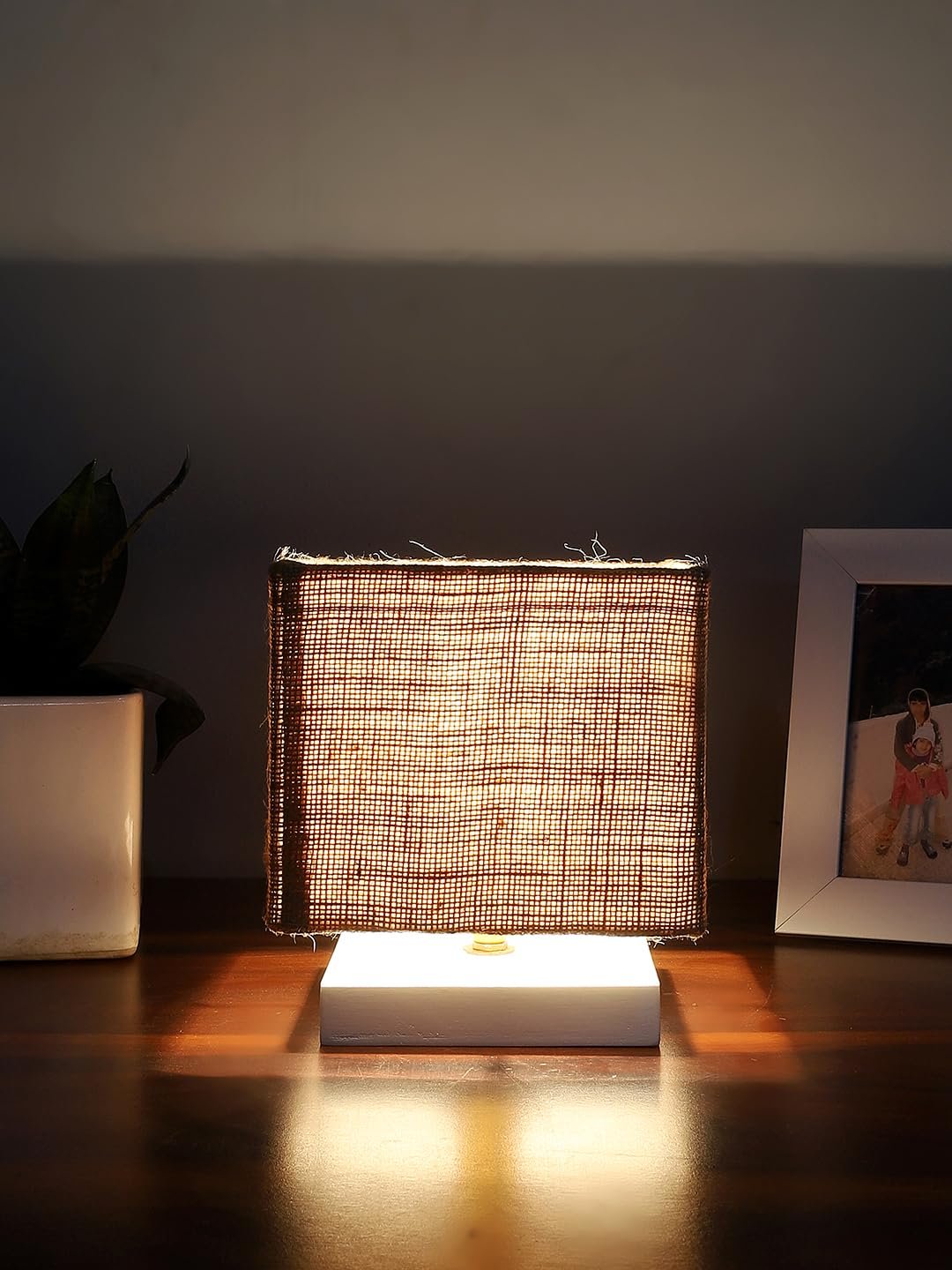 Square Beige Jute Table lamp with White Wood Base -64