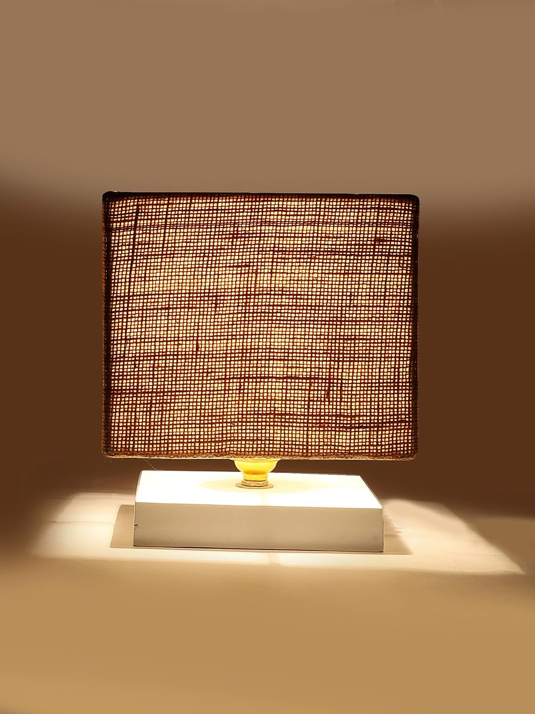 Square Beige Jute Table lamp with White Wood Base -64
