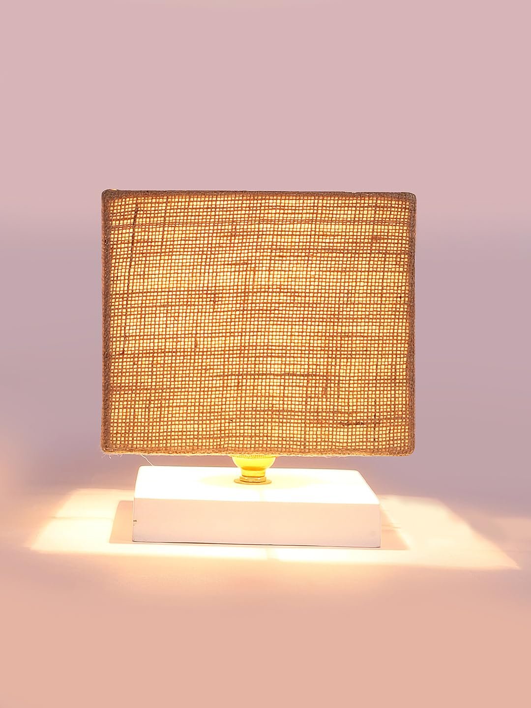 Square Beige Jute Table lamp with White Wood Base -64