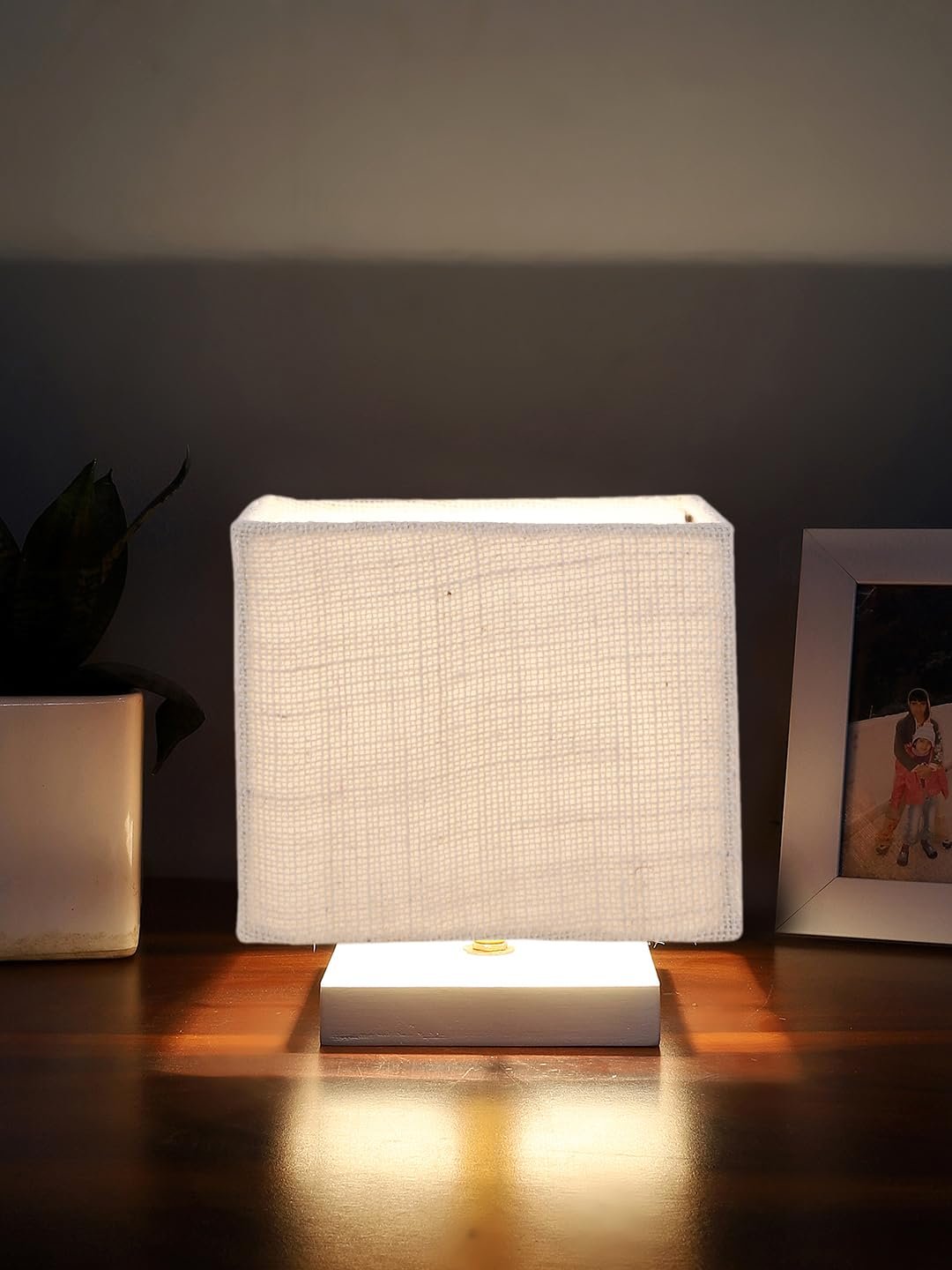 Square White Jute Table lamp with White Wood Base -65