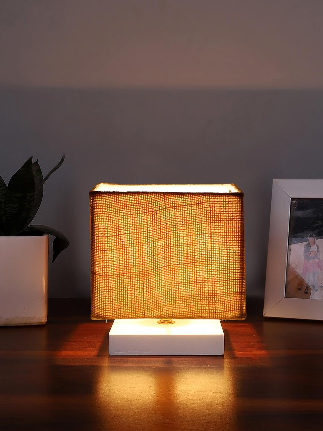 Square White Jute Table lamp with White Wood Base -65