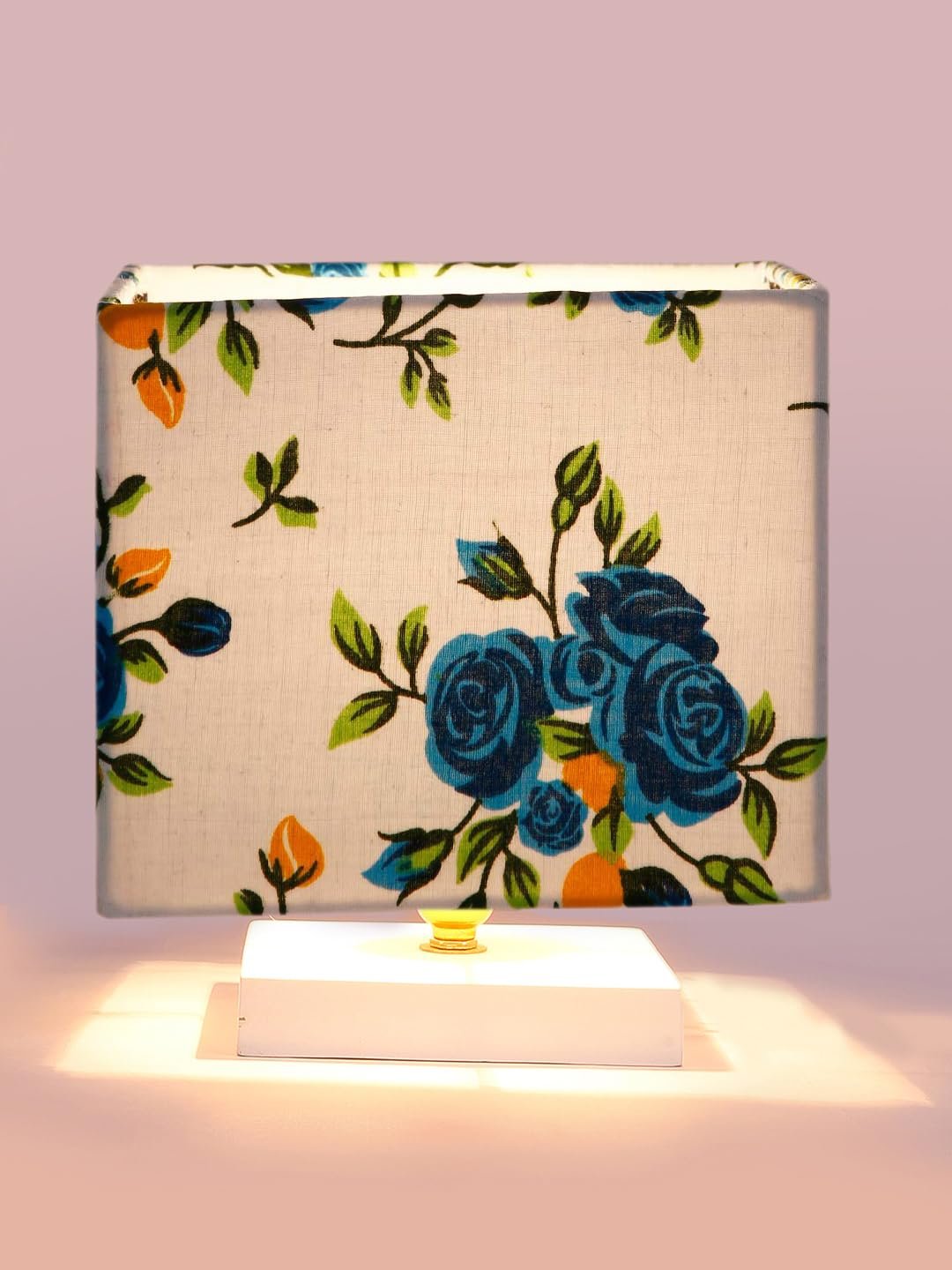 Square Multicolor Cotton Table lamp with White Wood Base -69