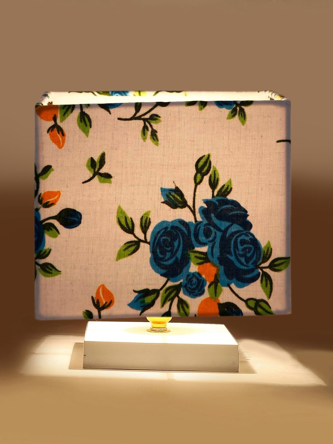 Square Multicolor Cotton Table lamp with White Wood Base -69