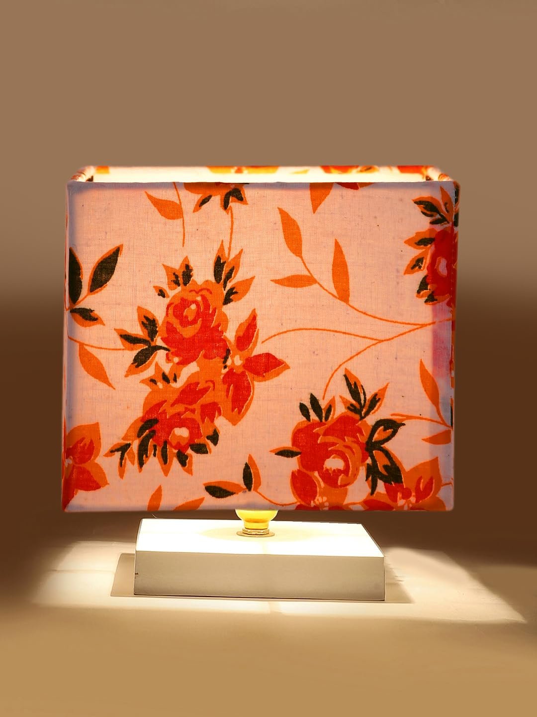 Square Multicolor Cotton Table lamp with White Wood Base -70