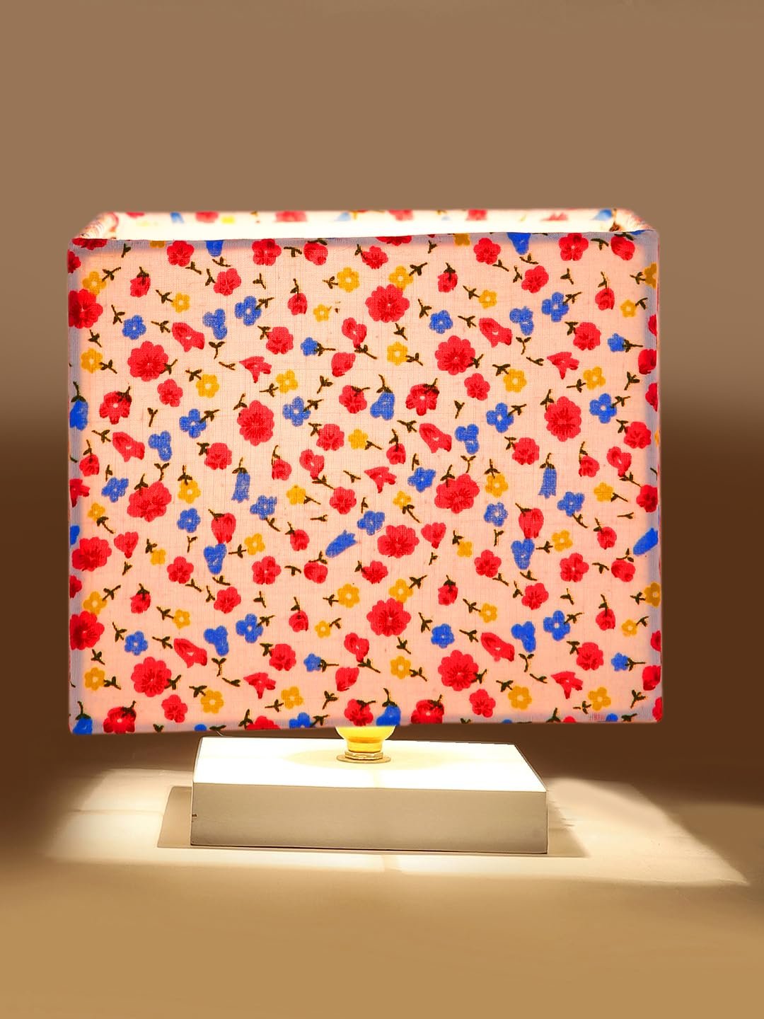 Square Multicolor Cotton Table lamp with White Wood Base -71