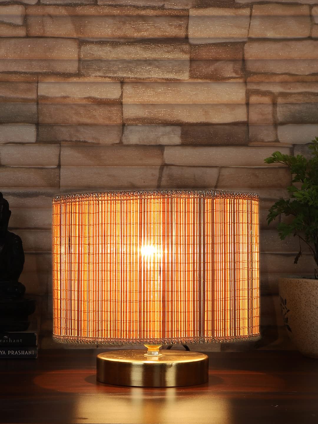 Round Bamboo Table lamp with Gold Wood Base