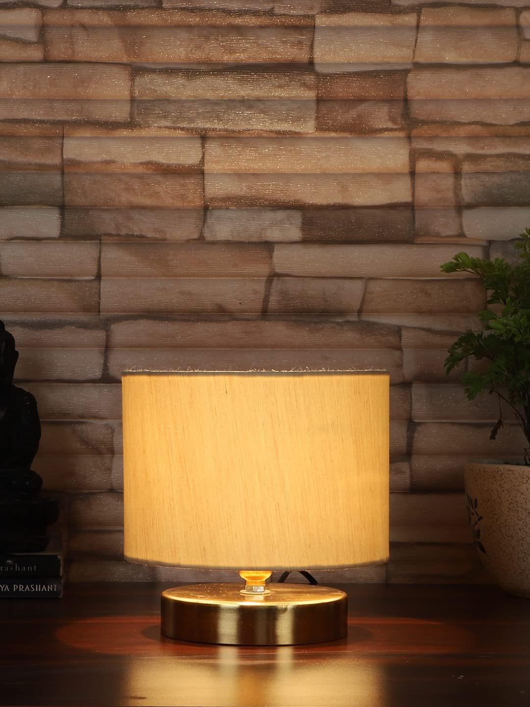 Off-White Cotton Table lamp with Gold Wood Base