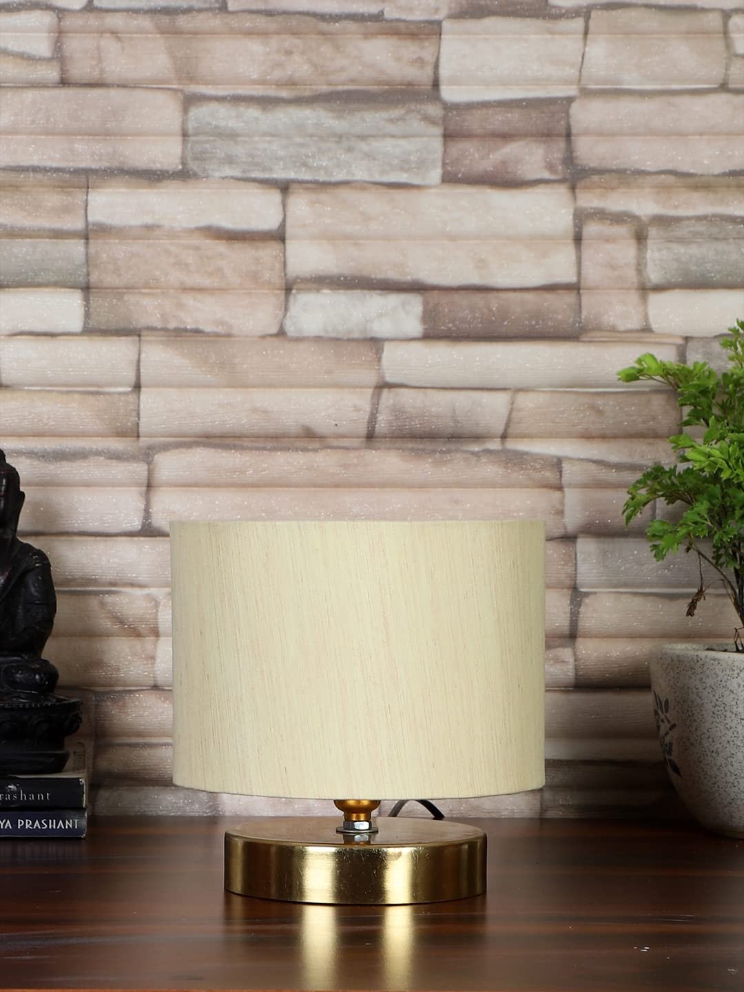Off-White Cotton Table lamp with Gold Wood Base