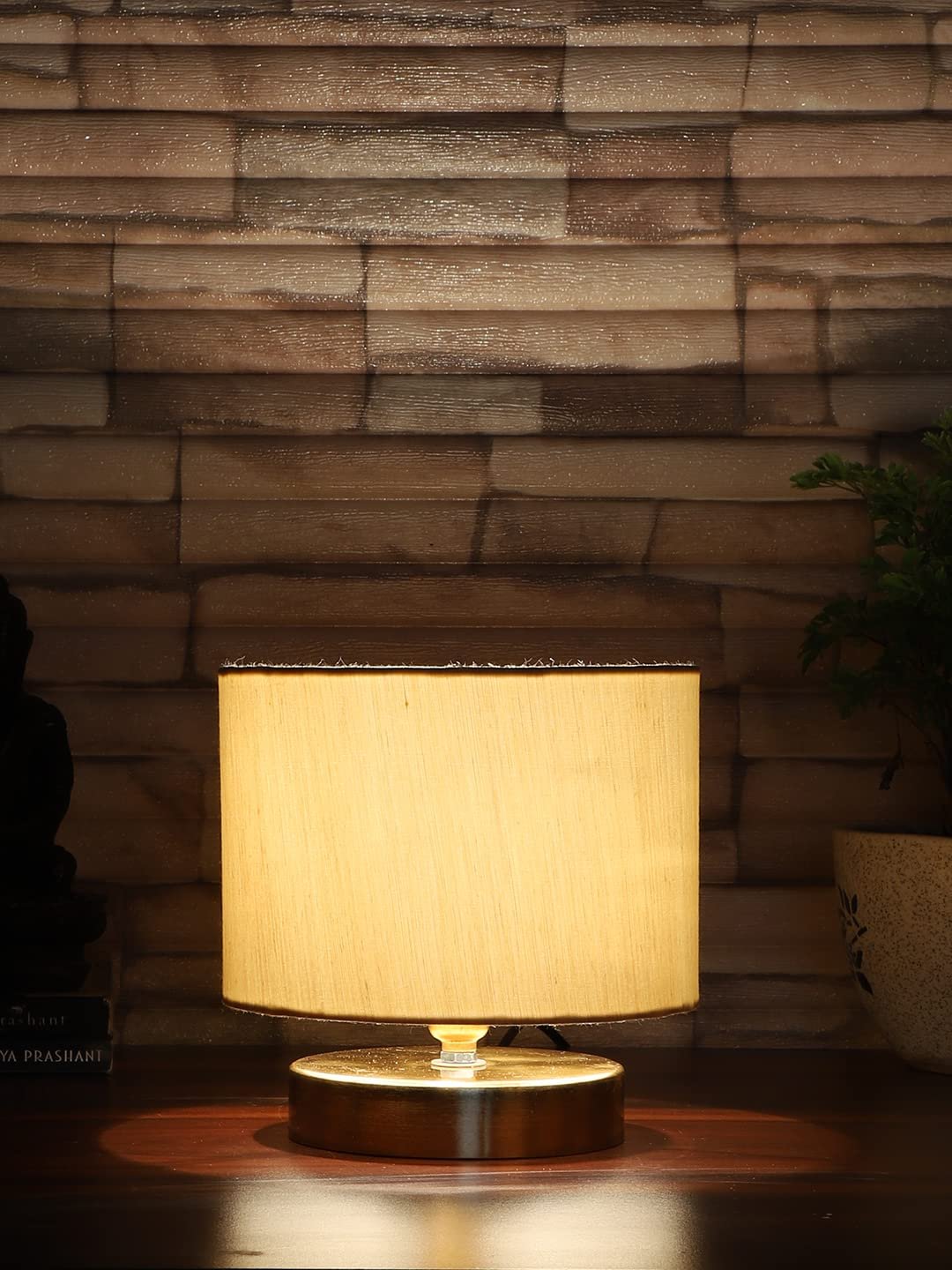 Off-White Cotton Table lamp with Gold Wood Base